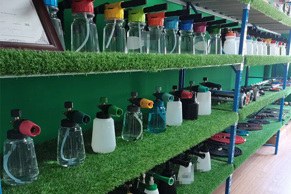 a clean and organized garage with home car washing supplies neatly arranged on a shelf