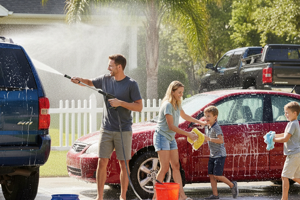 a person happily washing their car in the sunny weather of early summer
