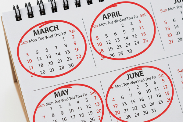 a calendar with the months of March, April, May, and June circled in bright red