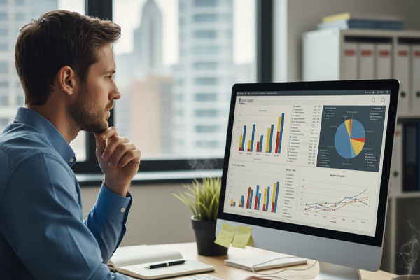 a business person analyzing sales charts and graphs on a computer in a quiet office