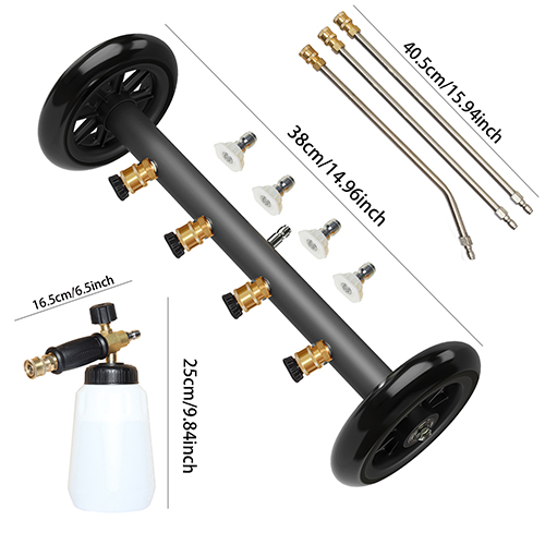 The complete high-pressure undercarriage cleaner kit with foam cannon, wheeled nozzle, and extension wands