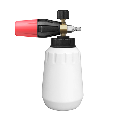 The adjustable foam cannon shown with its 1-liter bottle and brass body