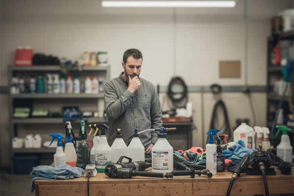 a business owner looking thoughtfully at a variety of car cleaning tools on a workshop table