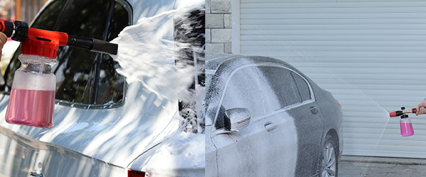 a split image showing the thick foam from a cannon on the left and the thinner, more watery suds from a gun on the right