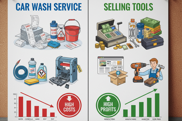 a comparison chart showing high costs for a car wash service vs. high profits for selling tools