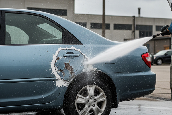 a car's paint being stripped and damaged by an extremely high-pressure water jet