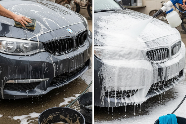 a side-by-side image showing a messy bucket wash vs a clean foam cannon wash