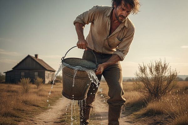 a person looking tired while carrying a heavy, sloshing bucket of water
