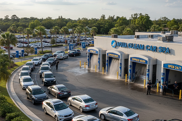 a long line of cars waiting at a commercial car wash