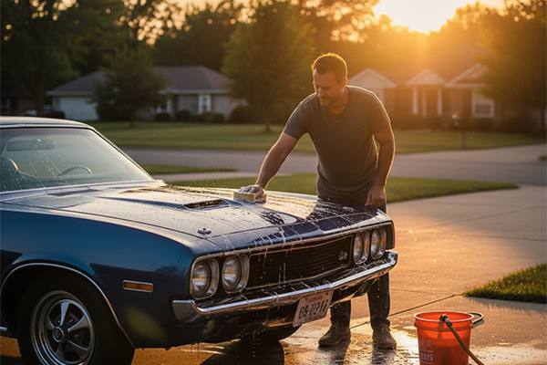 a person washing their car at sunset, enjoying the peaceful evening