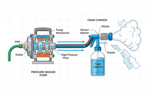 an illustration showing water flow through a pressure washer pump and into a foam cannon