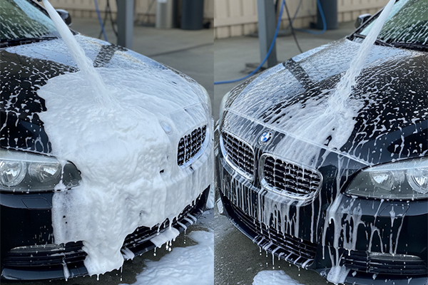 a side-by-side photo showing thick foam from a 1.1mm orifice and runny foam from a 1.25mm orifice