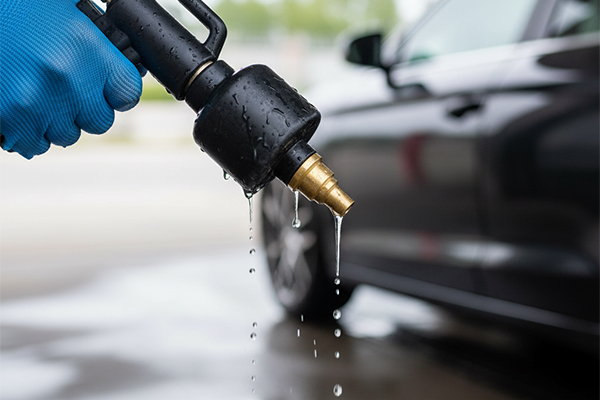 a hand holding a foam cannon that is dripping water a few seconds after being turned off