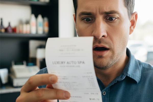 a person looking at a receipt from a professional car wash with a shocked expression