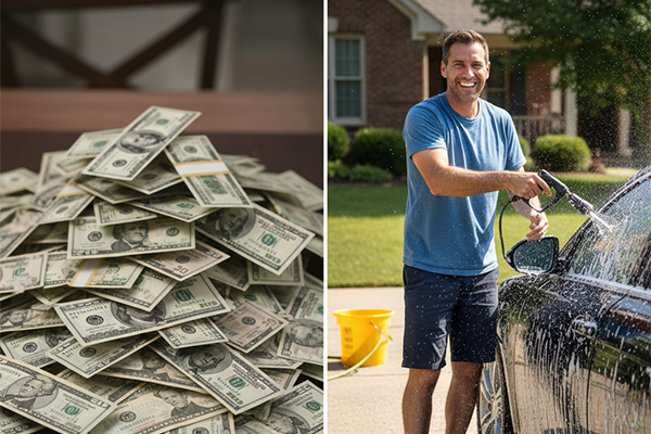 a split image showing a pile of money on one side and a person happily washing their car on the other