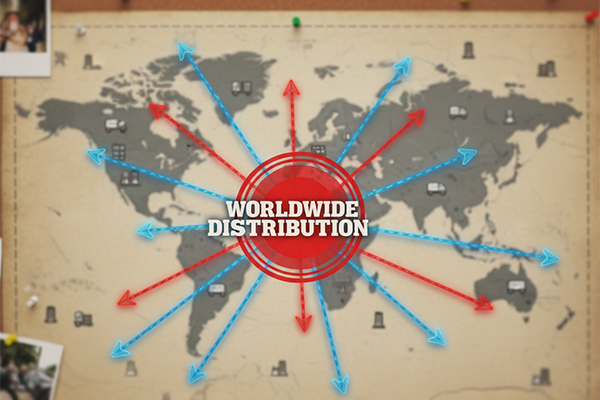 a map of a country with arrows pointing from a central warehouse to cities all over, indicating a wide distribution network