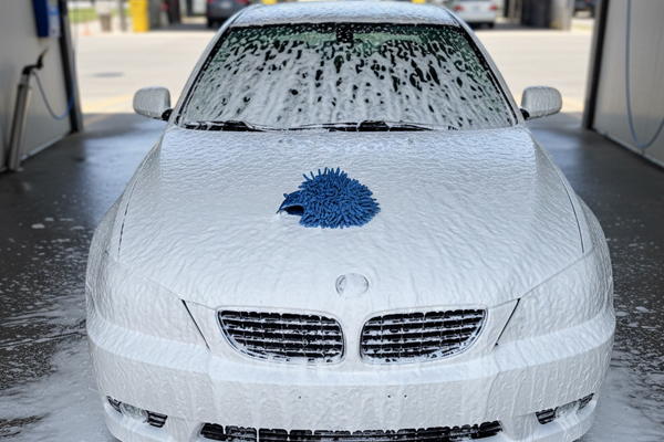 a car covered in thick white foam with a wash mitt resting on the hood