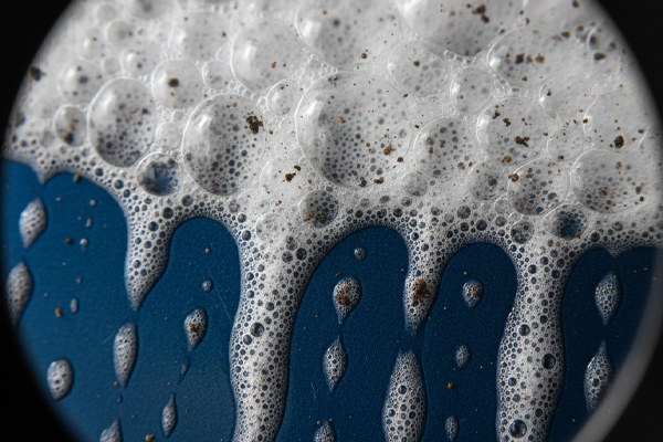 a close-up magnifying glass view showing foam bubbles lifting dirt particles off a car's surface