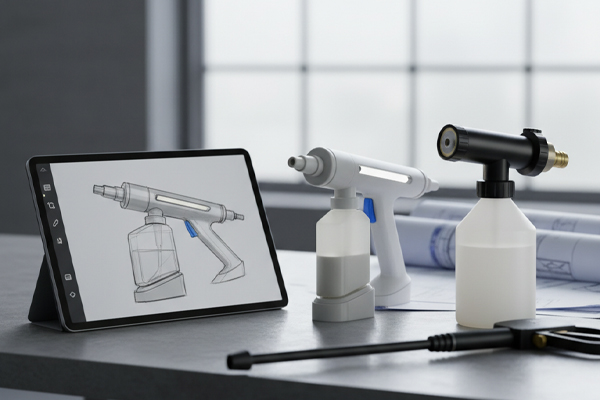 a design sketch of a futuristic-looking car cleaning tool next to a 3D printed prototype