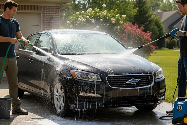 A car being washed with a hose on one side and a pressure washer on the other