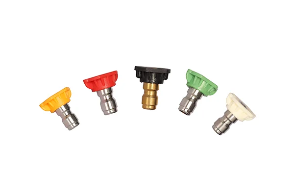 A close-up shot of the five standard nozzle colors: red, yellow, green, white, black