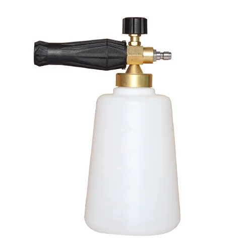 White and brass foam cannon with black handle, designed for use with pressure washers to aid in efficient vehicle cleaning.