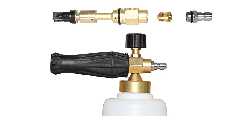 Detailed view of the solid brass components and stainless steel quick connect