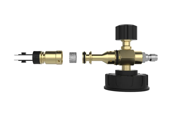 A cutaway view of a high-pressure foam cannon nozzle showing the internal mesh filter