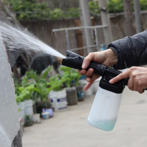 Close-up of the two-stage adjustable nozzle on the foam gun