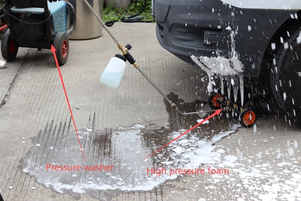 A powerful pressure washer connected to a foam cannon